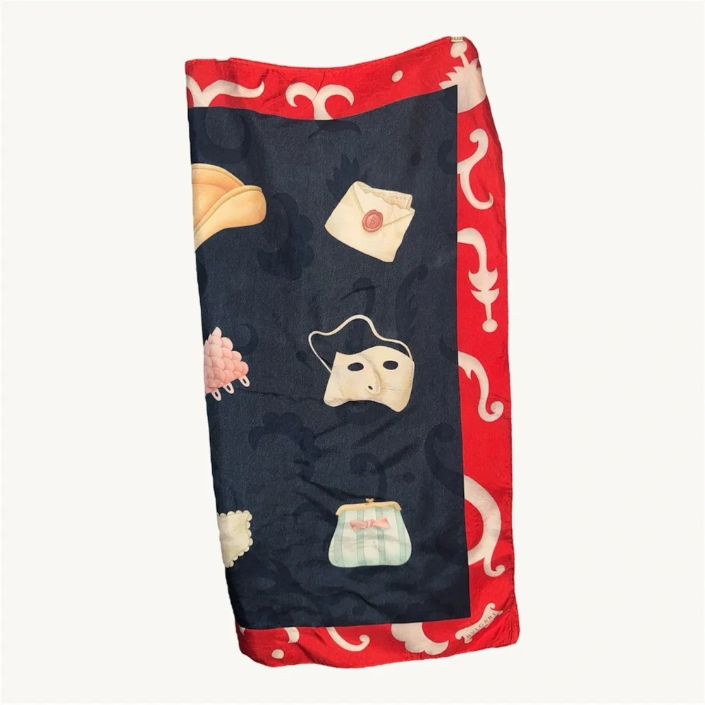 BVLGARI‎ Large Silk Scarf Navy and Red with Roman Vintage Accessories Print Size